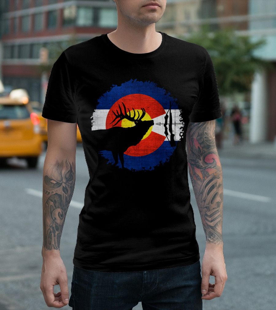 Colorado Elk Hunting With State Flag And Bow T-Shirt