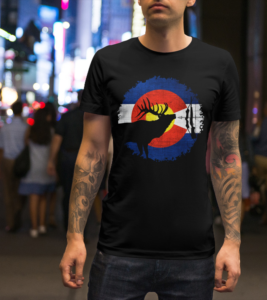 Colorado Elk Hunting With State Flag And Bow T-Shirt
