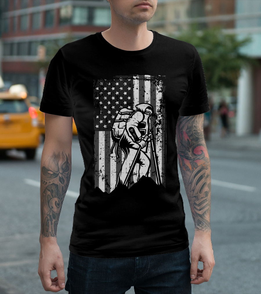 Distressed American Flag Trekking Hiker Silhouette Trail Adventure T-Shirt