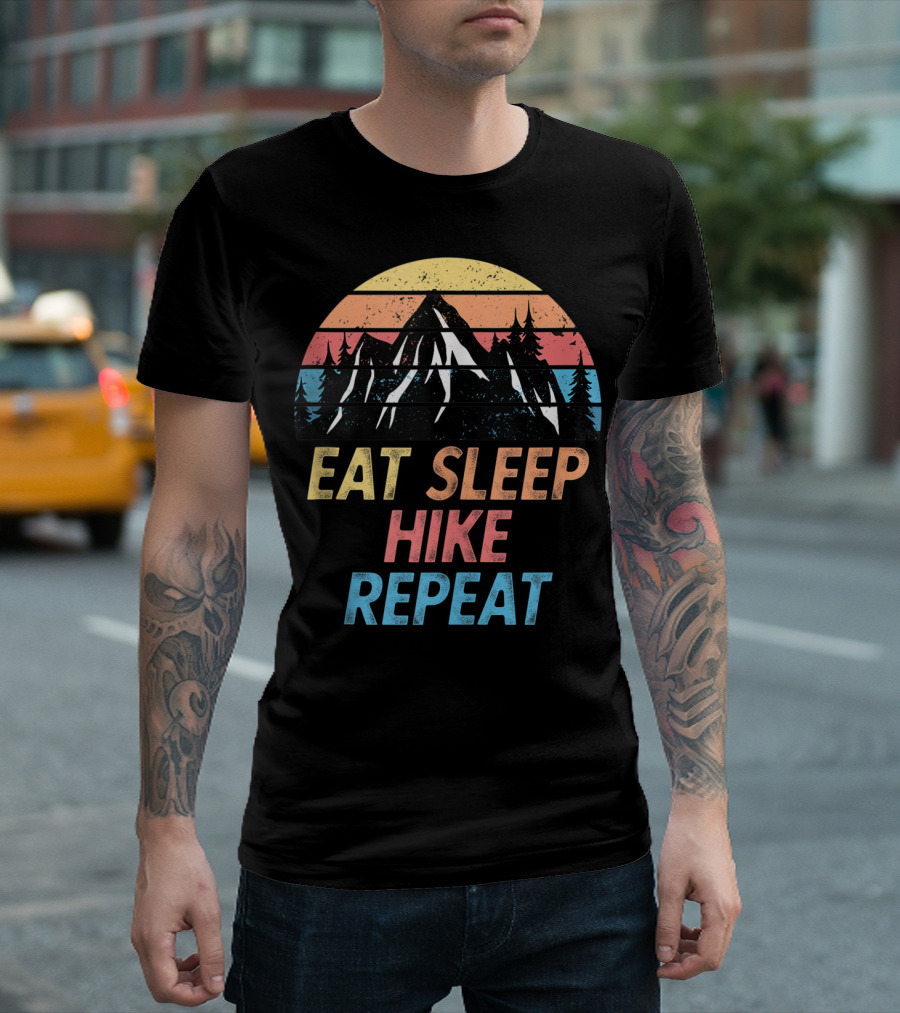 Eat Sleep Hike Repeat Funny Hiking Trail Pun Vintage Mountain Sunset T-Shirt