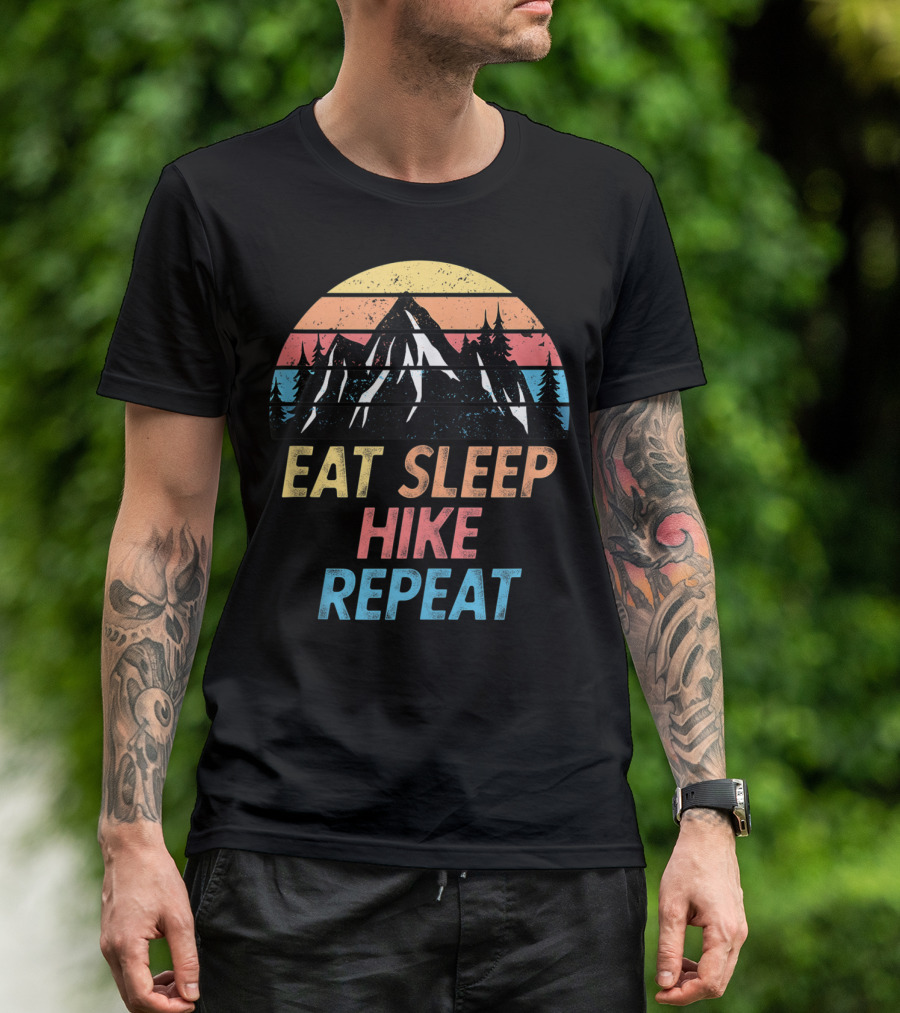 Eat Sleep Hike Repeat Funny Hiking Trail Pun Vintage Mountain Sunset T-Shirt