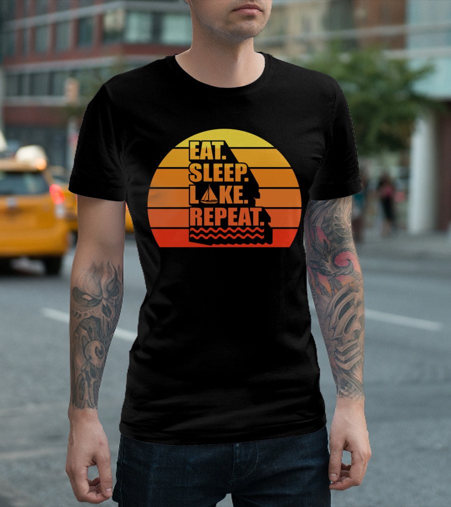 Eat Sleep Lake Repeat Camping Hiking Sunset Boat T-Shirt