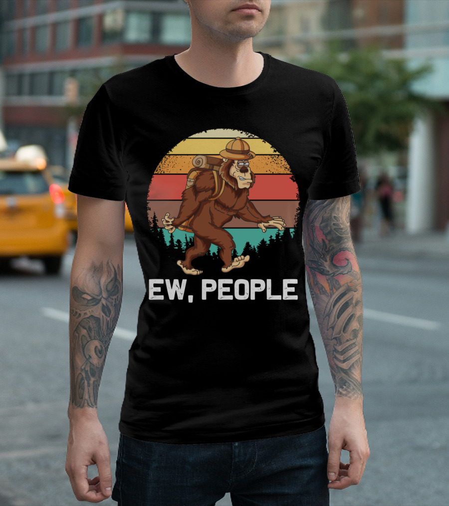 Ew People Bigfoot Hiking Outdoors Retro Sunset T-Shirt