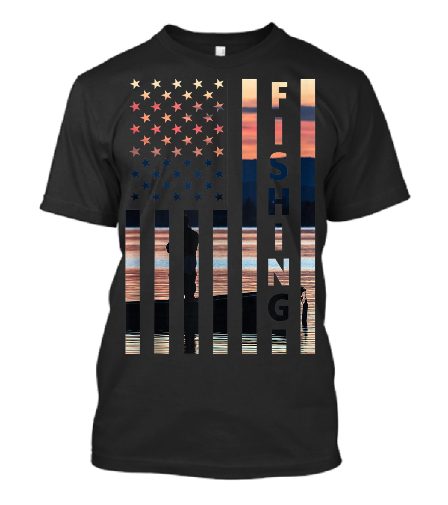 Fishing American Flag Sunset Silhouette On Lake T-Shirt