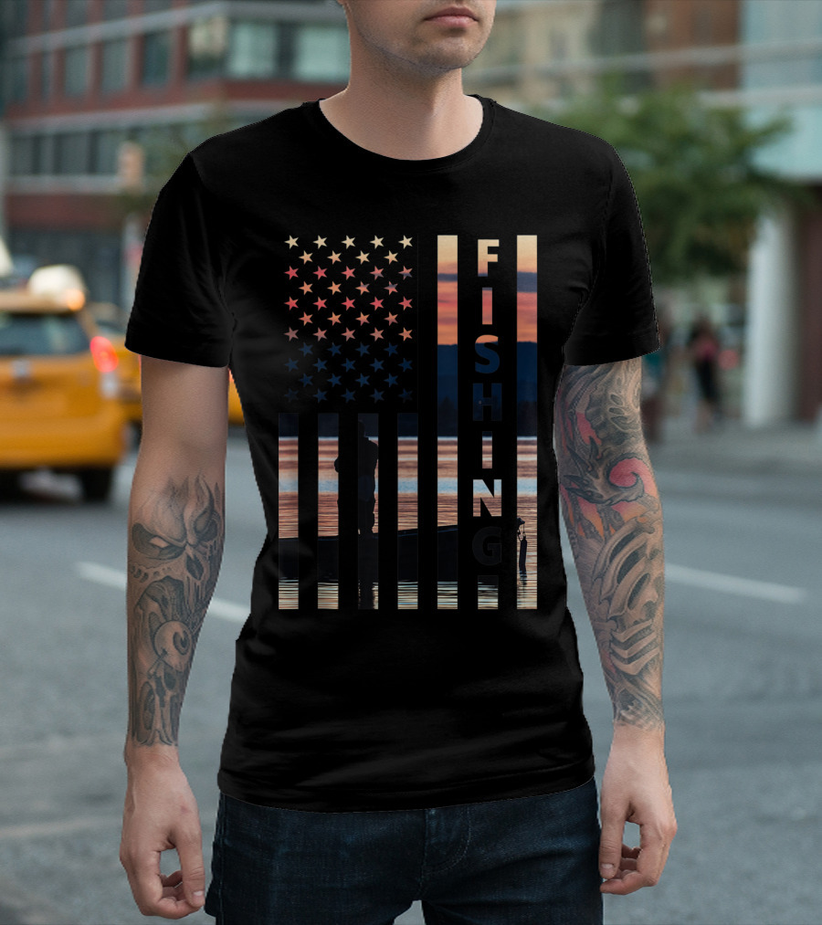 Fishing American Flag Sunset Silhouette On Lake T-Shirt