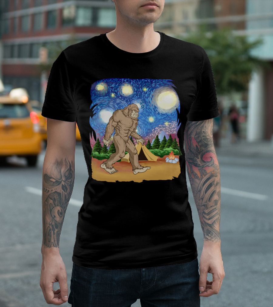 Bigfoot Walking Under Van Gogh Starry Night Camping Scene T-Shirt
