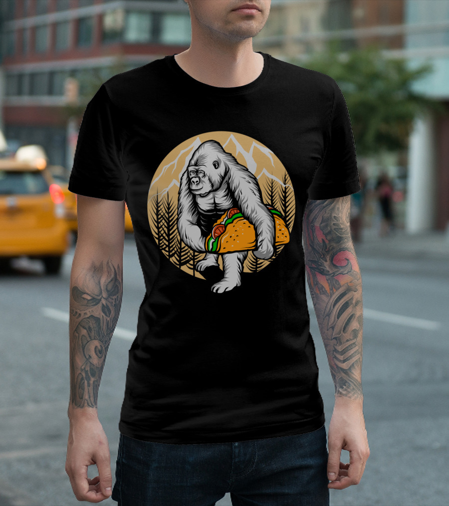 Gorilla Holding Taco with Mountain and Forest Background T-Shirt
