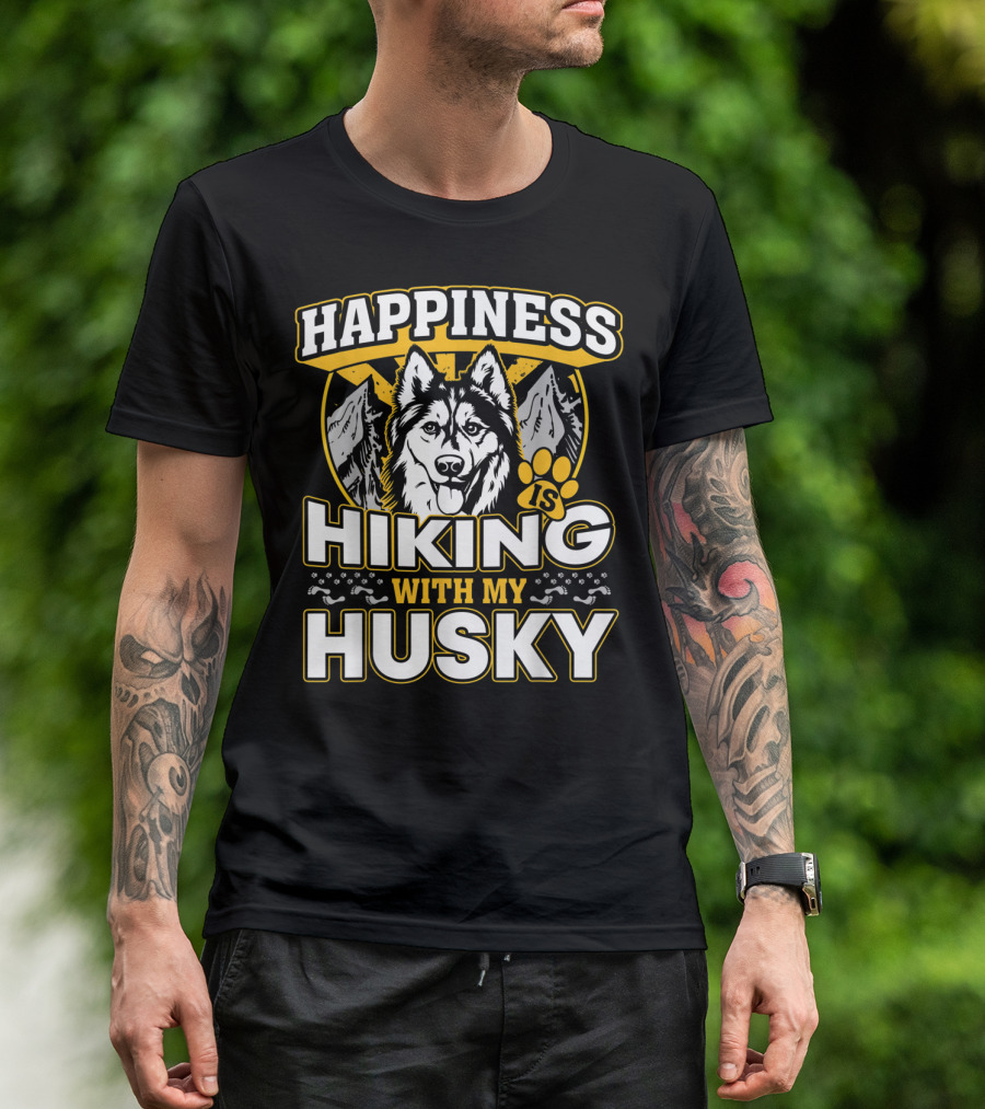 Happiness Is Hiking With My Husky Mountains Paw Prints T-Shirt