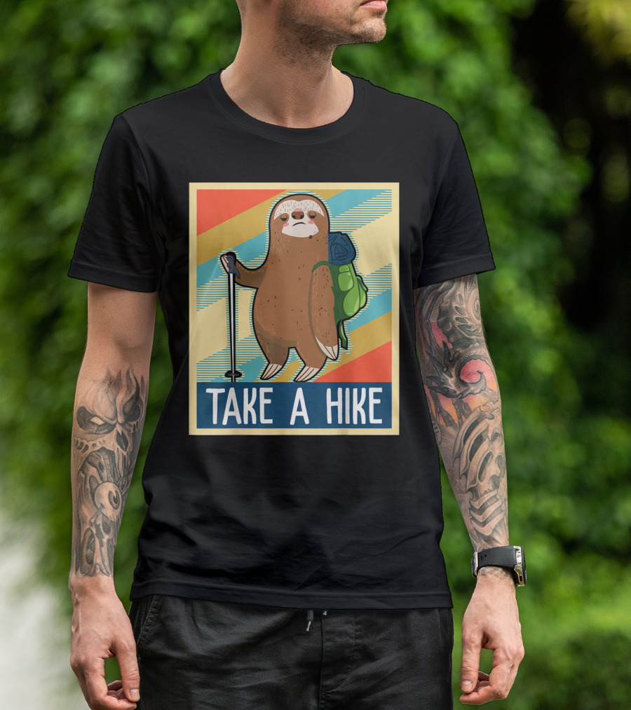 Take A Hike Funny Sloth With Backpack And Hiking Stick T-Shirt