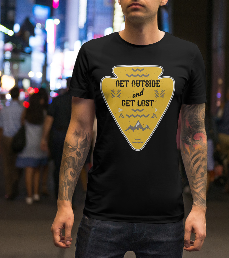 Get Outside And Get Lost Arrowhead Hiking Adventure With Mountain And Arrow Motif T-Shirt
