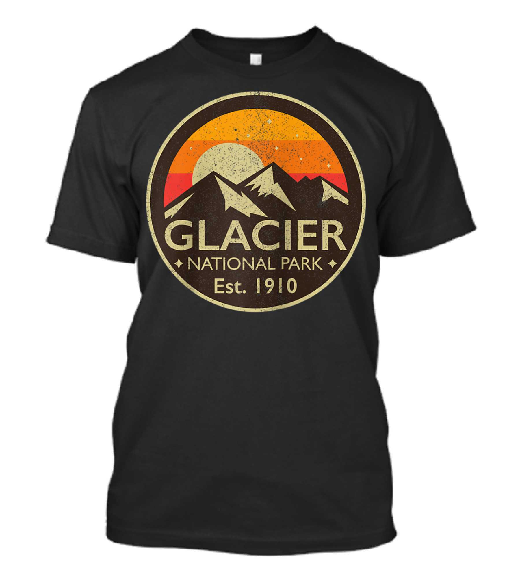 Glacier National Park Est. 1910 Vintage Hiking Montana Sunset Badge T-Shirt