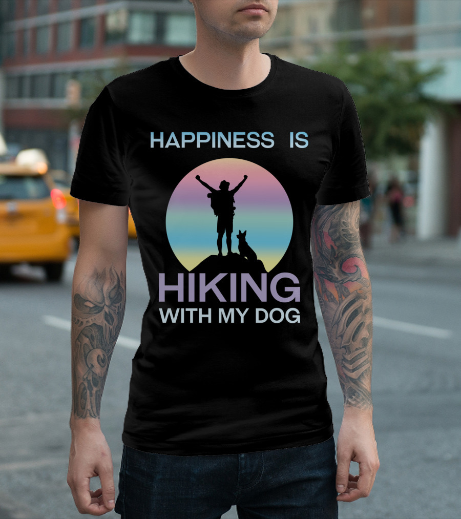 Happiness Is Hiking With My Dog Silhouette In Pastel Circle T-Shirt