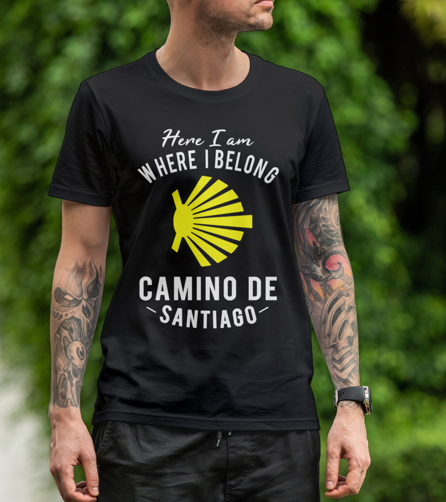 Here I Am Where I Belong Camino De Santiago Yellow Shell T-Shirt
