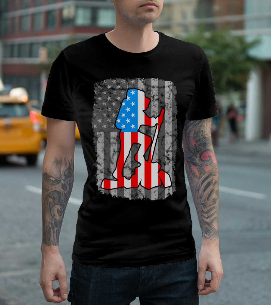 Hiking Silhouette American Flag Vintage Style United States T-Shirt