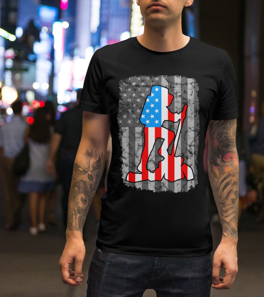 Hiking Silhouette American Flag Vintage Style United States T-Shirt
