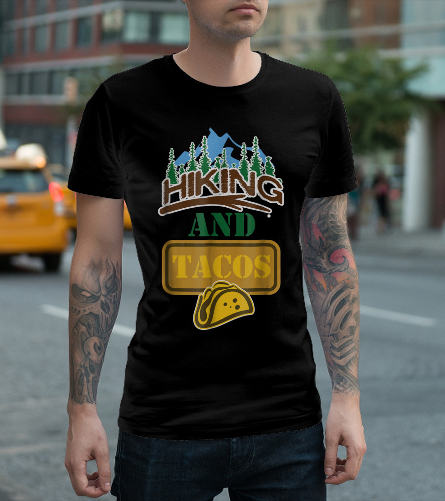 Hiking And Tacos Forest Adventure With Mountain And Taco Icons T-Shirt