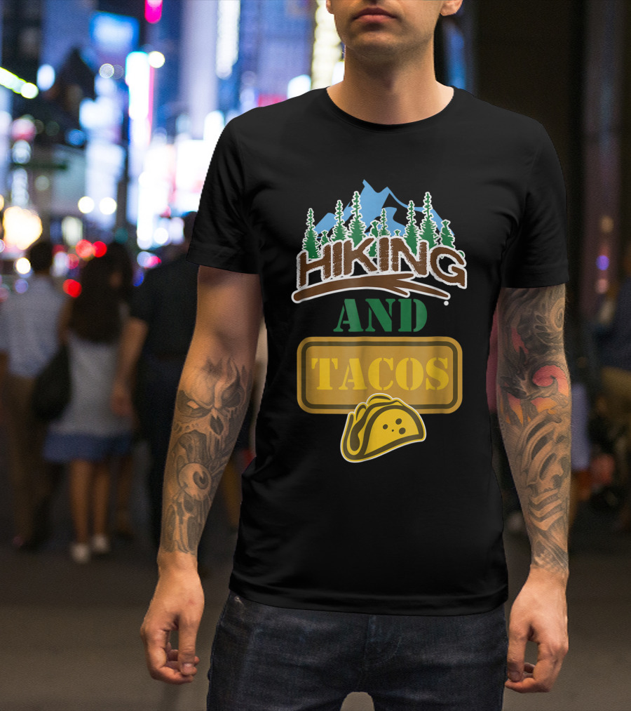 Hiking And Tacos Forest Adventure With Mountain And Taco Icons T-Shirt