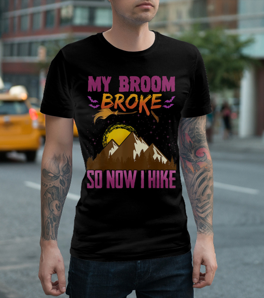 Hiking Halloween My Broom Broke So Now I Hike Mountains Bats Moon Stars T-Shirt