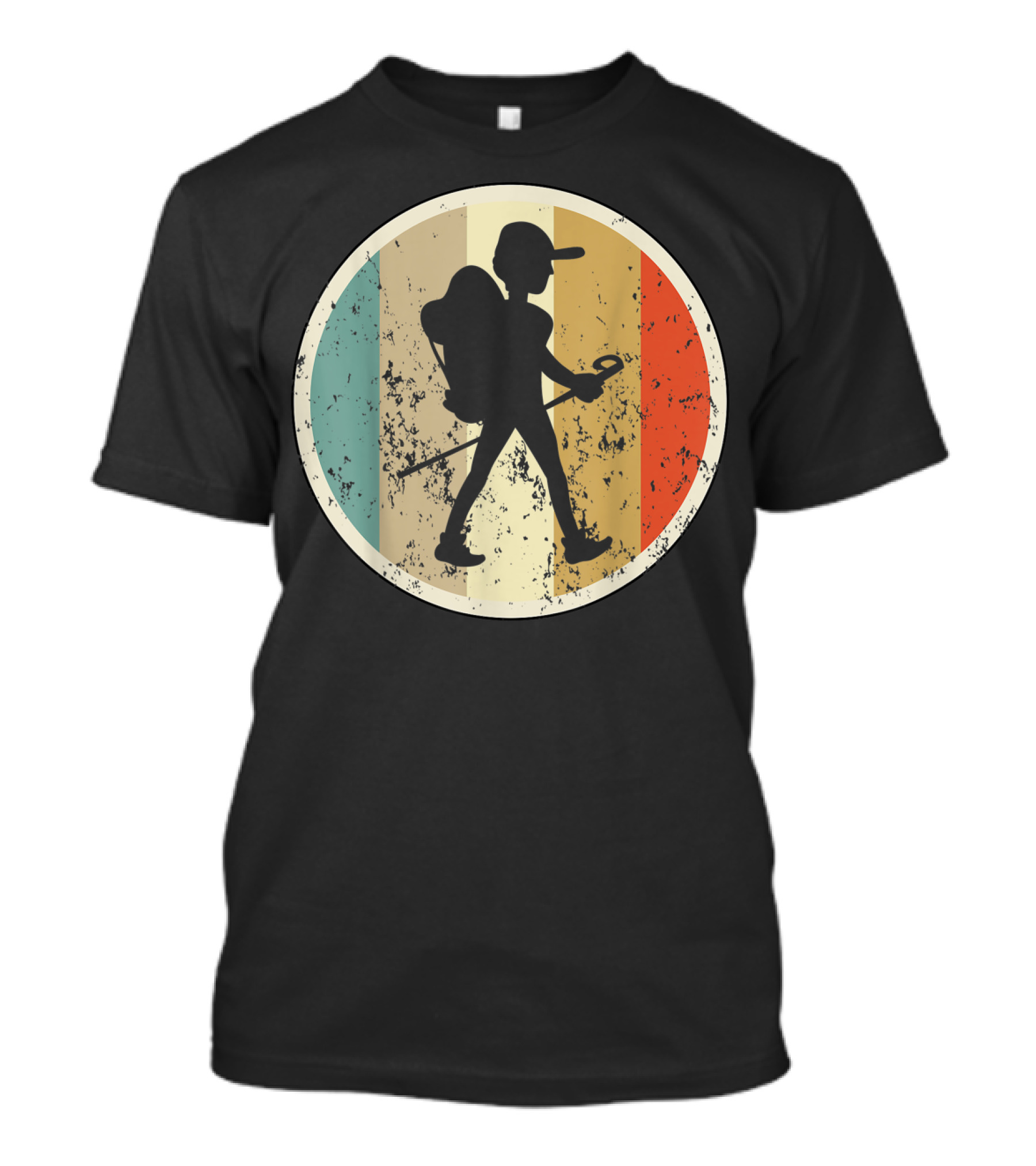 Hiking Hiker Hike Trekking Vintage Backpacker Silhouette Retro Stripes T-Shirt