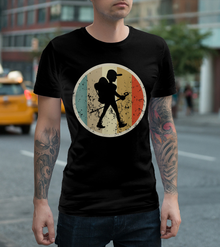 Hiking Hiker Hike Trekking Vintage Backpacker Silhouette Retro Stripes T-Shirt