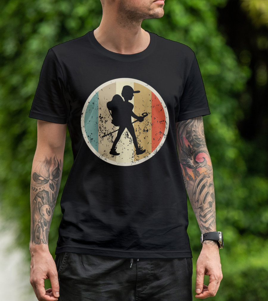 Hiking Hiker Hike Trekking Vintage Backpacker Silhouette Retro Stripes T-Shirt