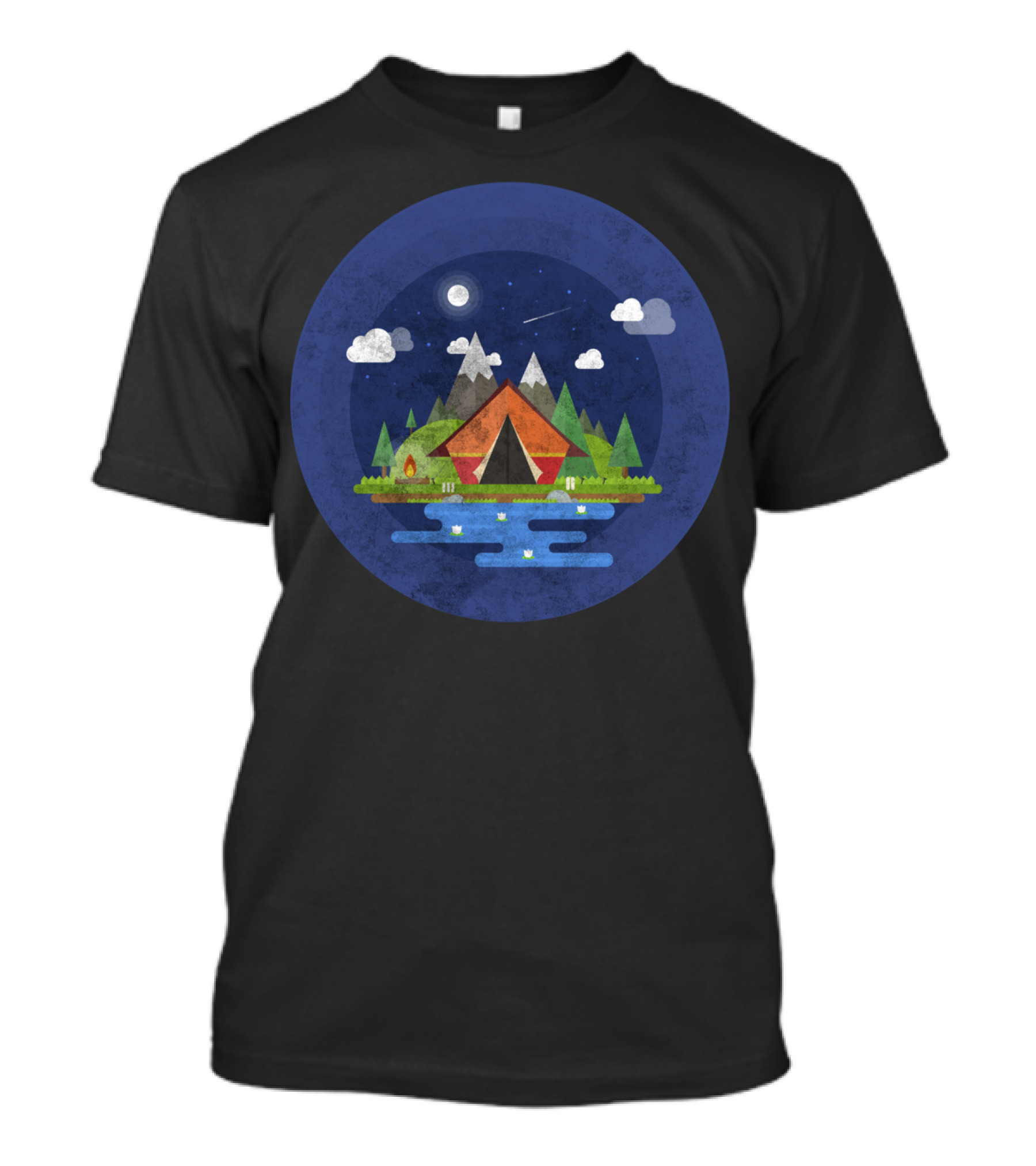 Hiking Mountain Camping Scene Night Sky Forest Lake Simple Trendy T-Shirt
