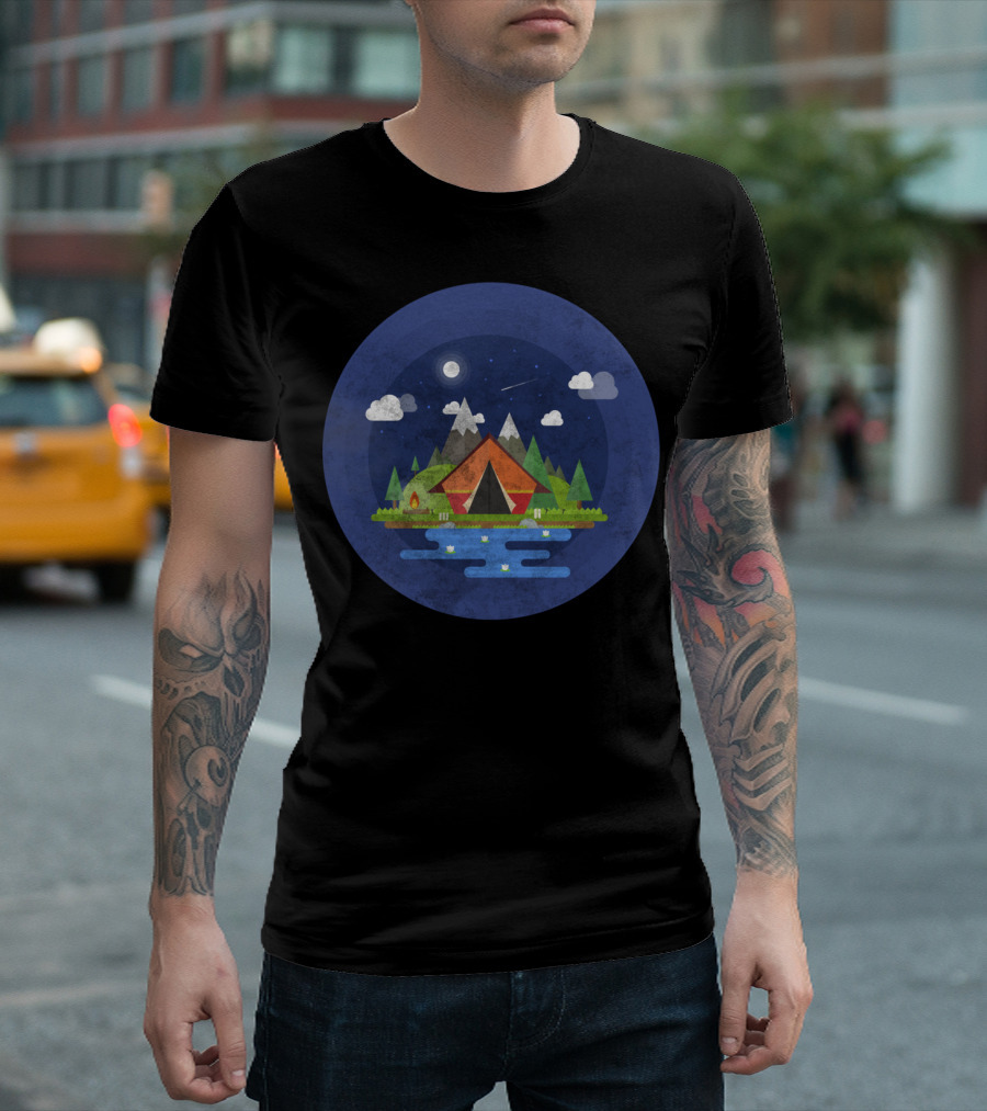 Hiking Mountain Camping Scene Night Sky Forest Lake Simple Trendy T-Shirt