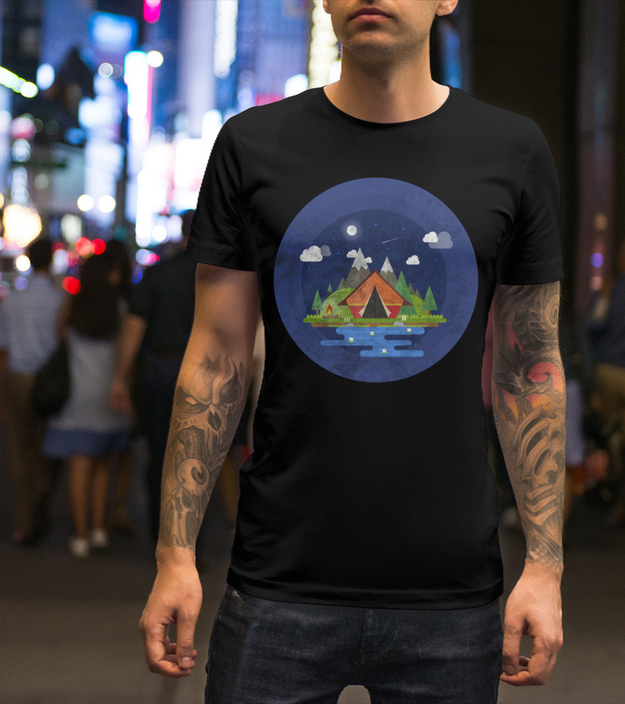 Hiking Mountain Camping Scene Night Sky Forest Lake Simple Trendy T-Shirt