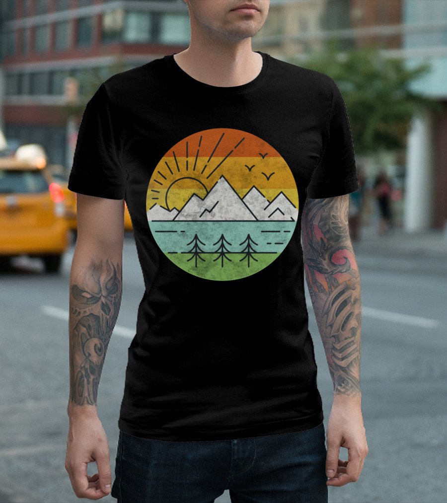 Hiking Mountain Sunrise Vintage Retro Nature Scene T-Shirt