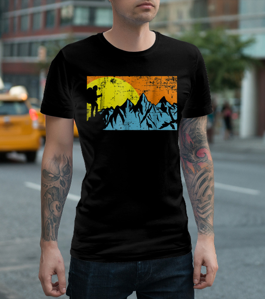 Hiking Mountains Hiker Silhouette Sun And Peaks Adventure T-Shirt