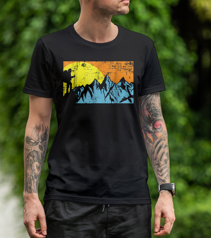 Hiking Mountains Hiker Silhouette Sun And Peaks Adventure T-Shirt