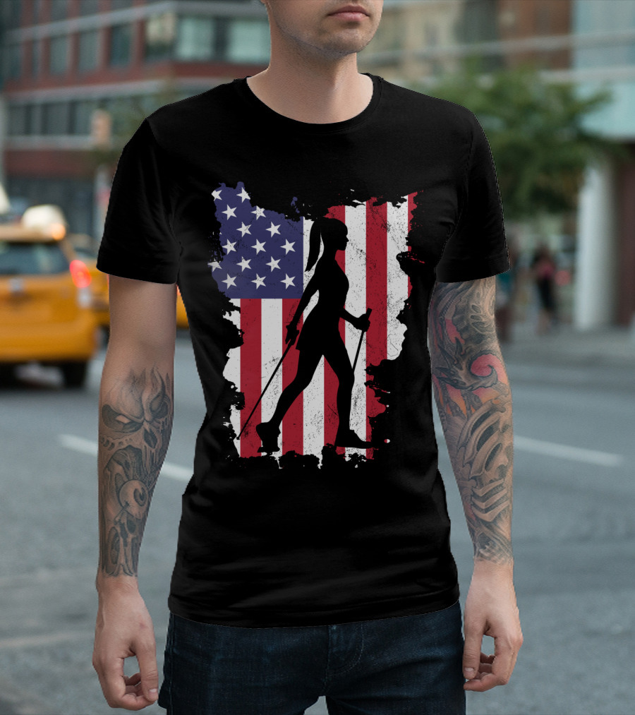 Hiking Nordic Walking USA Flag 4th Of July Patriotic Outdoor Adventure T-Shirt