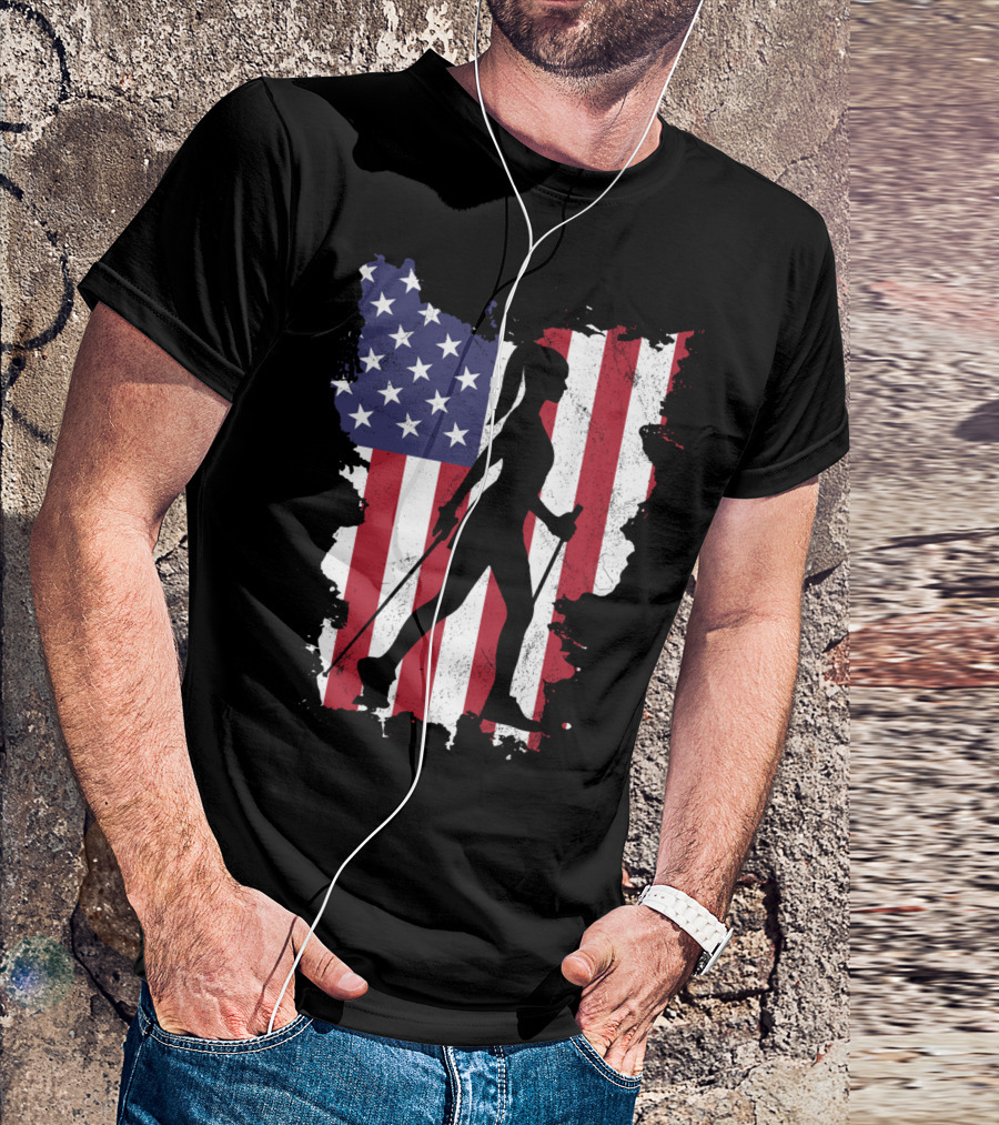 Hiking Nordic Walking USA Flag 4th Of July Patriotic Outdoor Adventure T-Shirt
