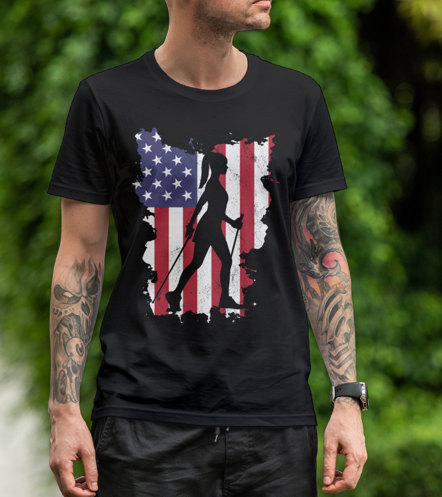 Hiking Nordic Walking USA Flag 4th Of July Patriotic Outdoor Adventure T-Shirt
