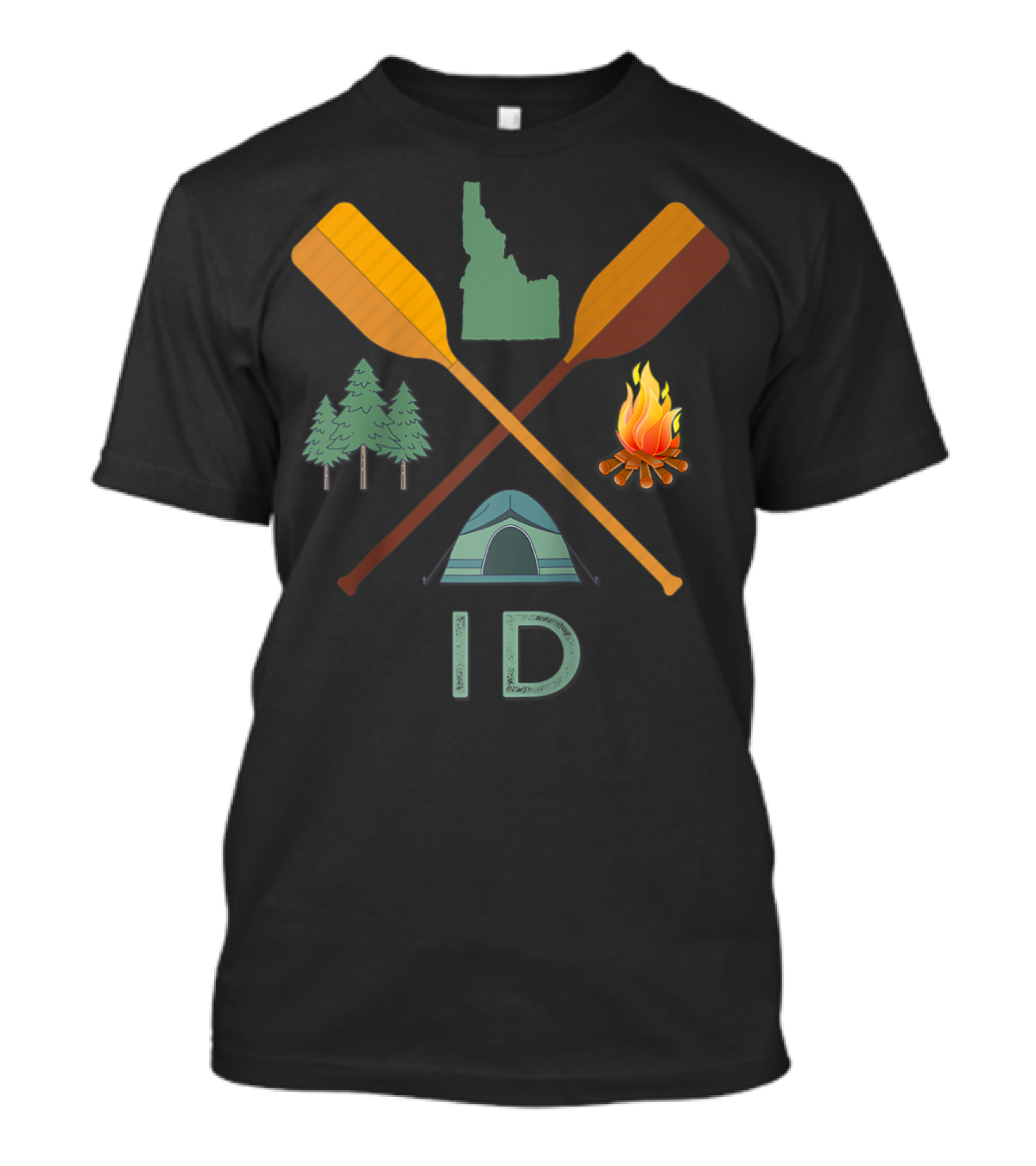 Idaho Canoeing Hiking Camping Nature Adventure With Trees Tent Campfire And Paddles T-Shirt