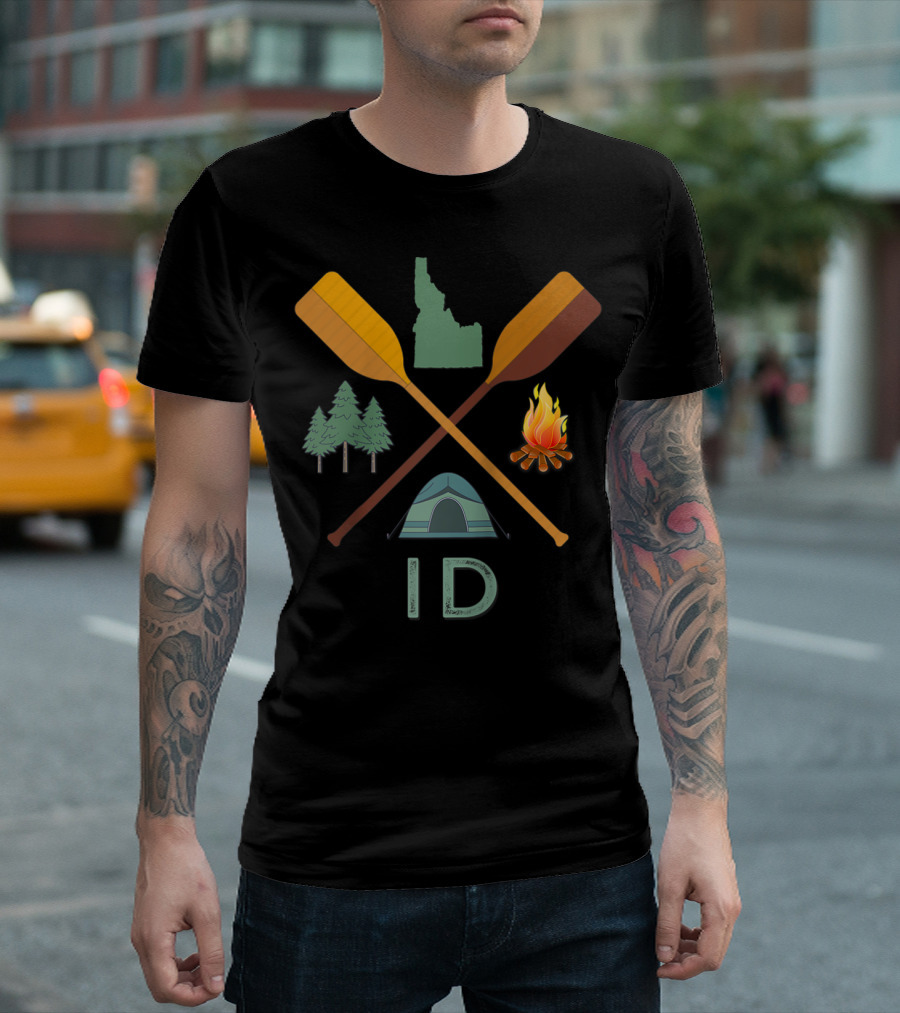 Idaho Canoeing Hiking Camping Nature Adventure With Trees Tent Campfire And Paddles T-Shirt