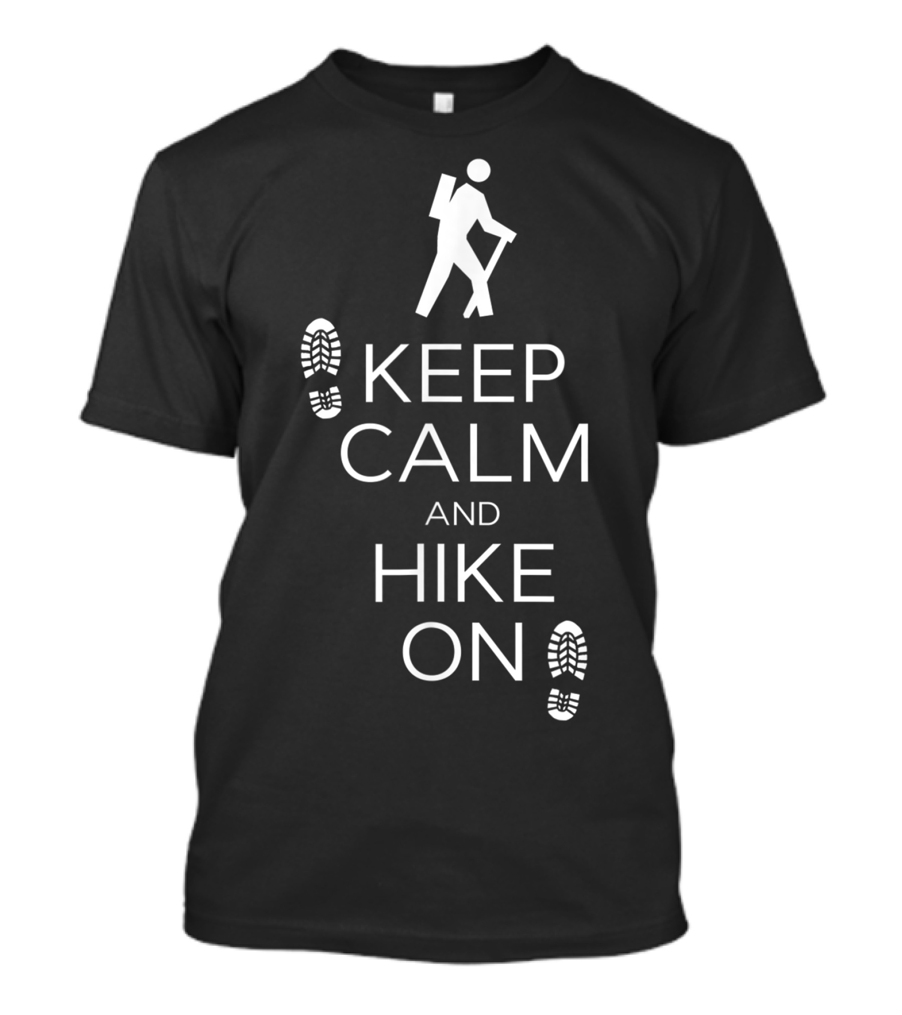 Keep Calm And Hike On Hiking And Backpacking Boot Prints And Stick Figure T-Shirt