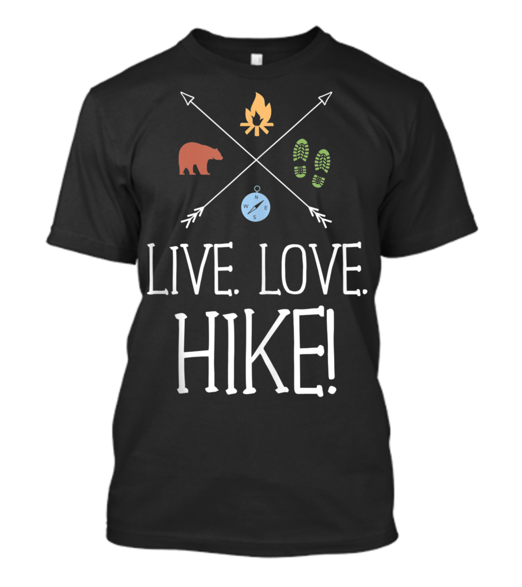 Live Love Hike Outdoors Compass Bear Campfire Footprints T-Shirt