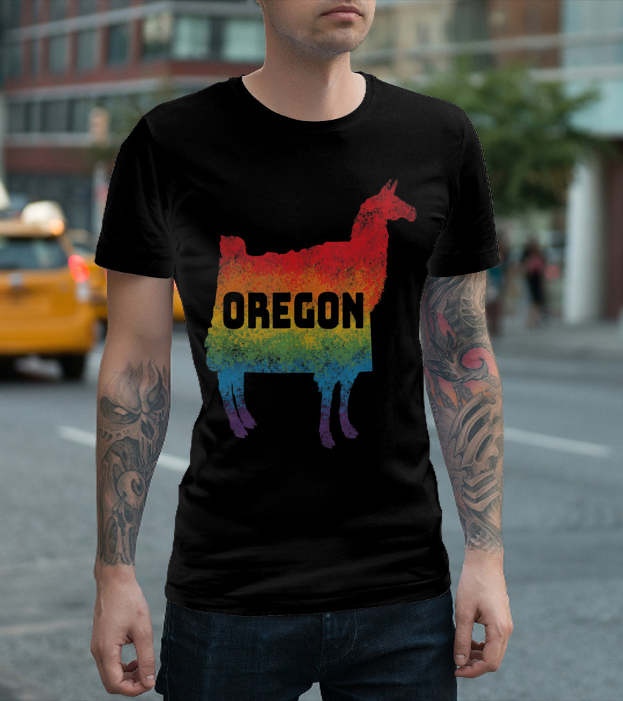 Llama Silhouette with Oregon Text in Rainbow Colors T-Shirt