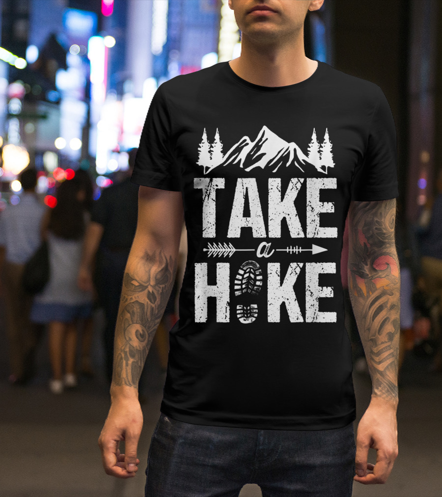 Take A Hike Mountain Bootprint Arrow Trees Camping Hiking T-Shirt