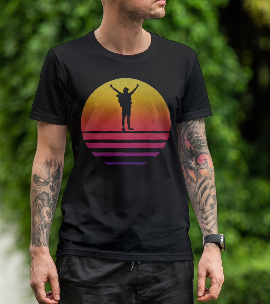 Mountain Hiking Victory Silhouette Against Vintage Sunset T-Shirt
