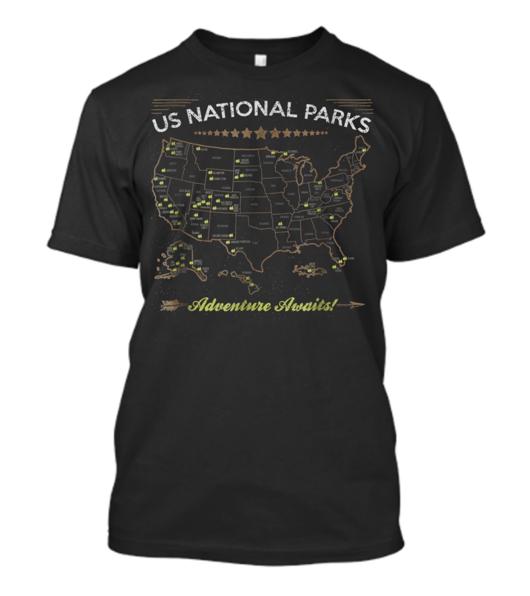 US National Parks Adventure Awaits Map Vintage Camping Hiking T-Shirt
