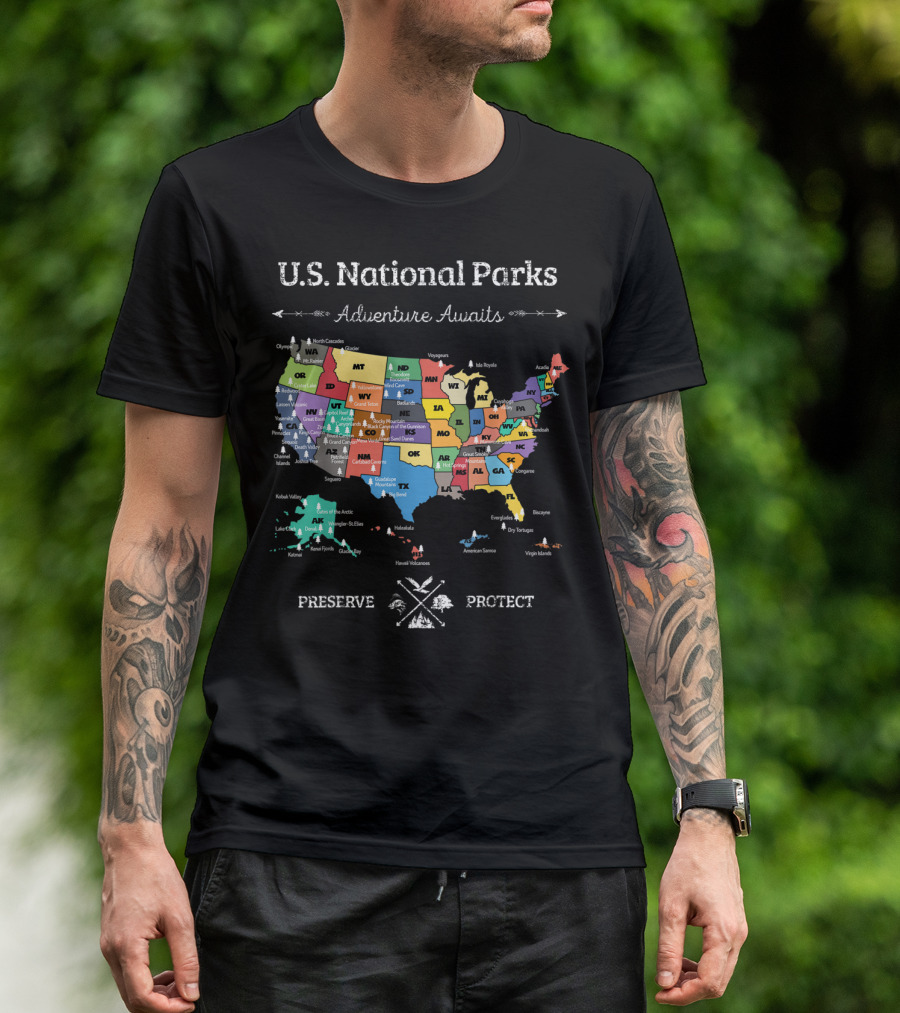 U.S. National Parks Adventure Awaits Preserve Protect Map T-Shirt