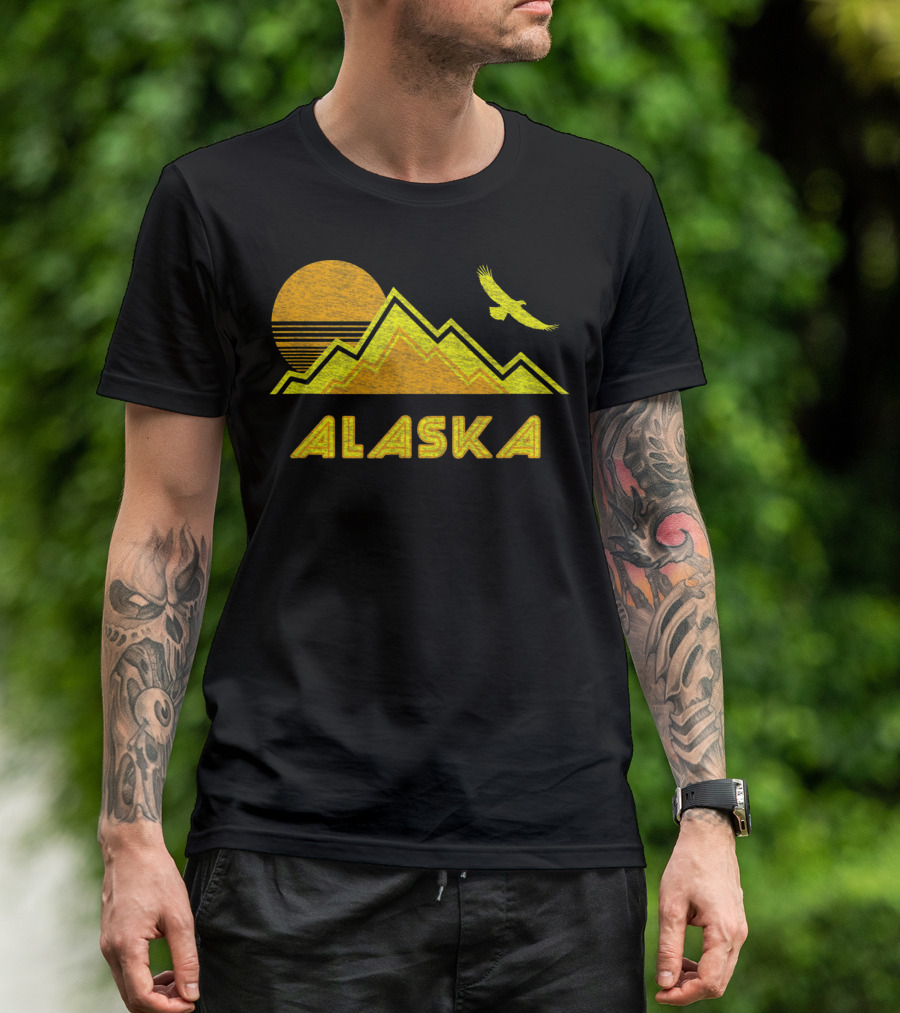 Retro Alaska Distressed Mountain Eagle Sun T-Shirt