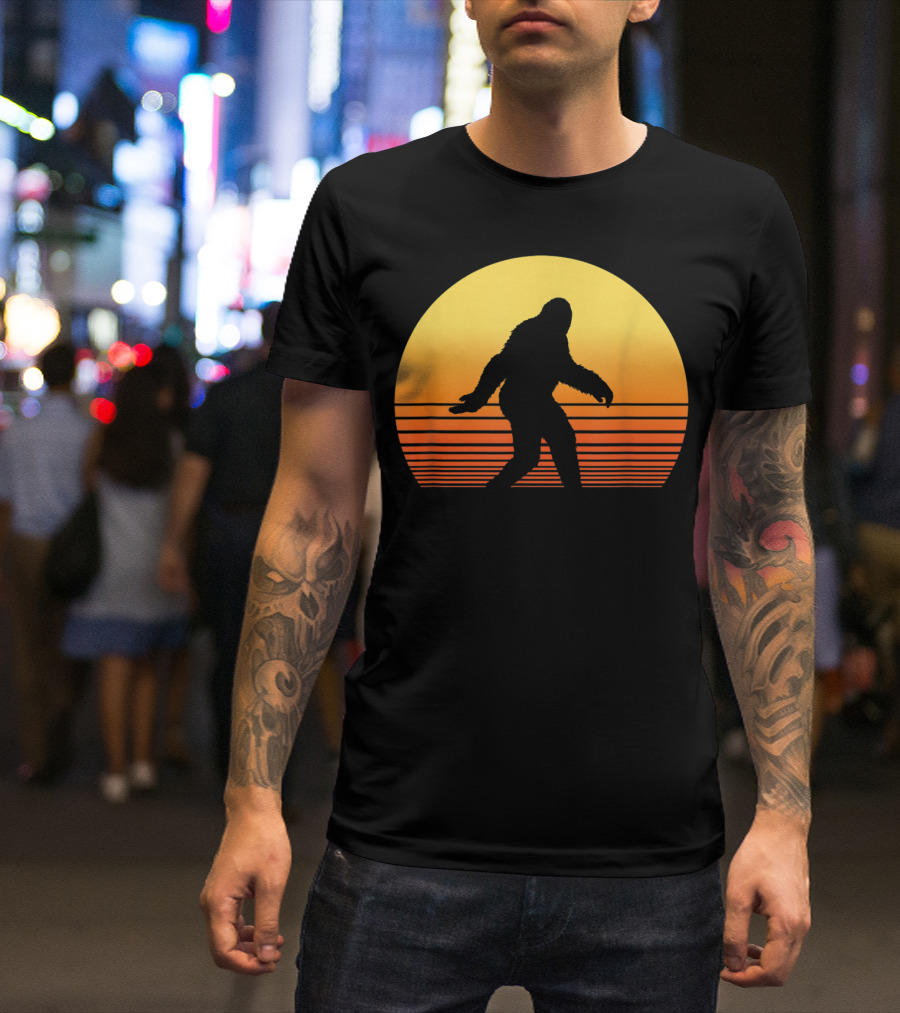 Retro Bigfoot Sunset Hiking Camping Adventure T-Shirt
