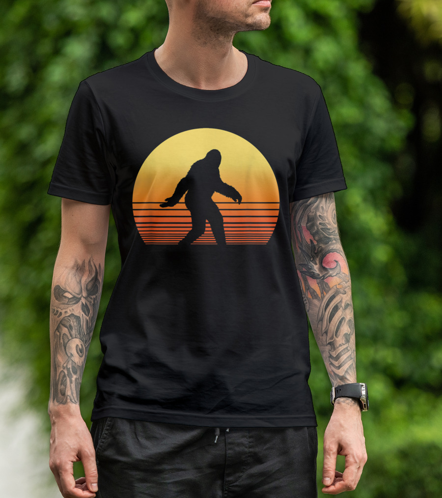 Retro Bigfoot Sunset Hiking Camping Adventure T-Shirt