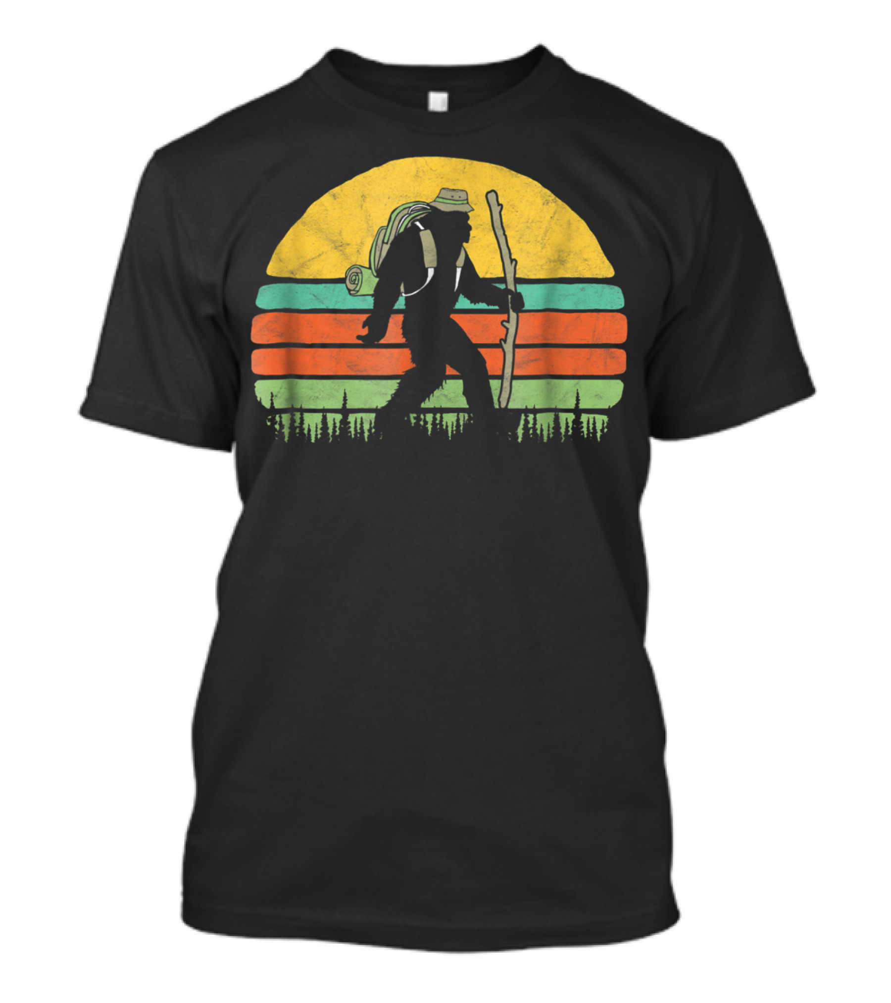 Retro Bigfoot Hiking Adventure In Nature Sunset T-Shirt