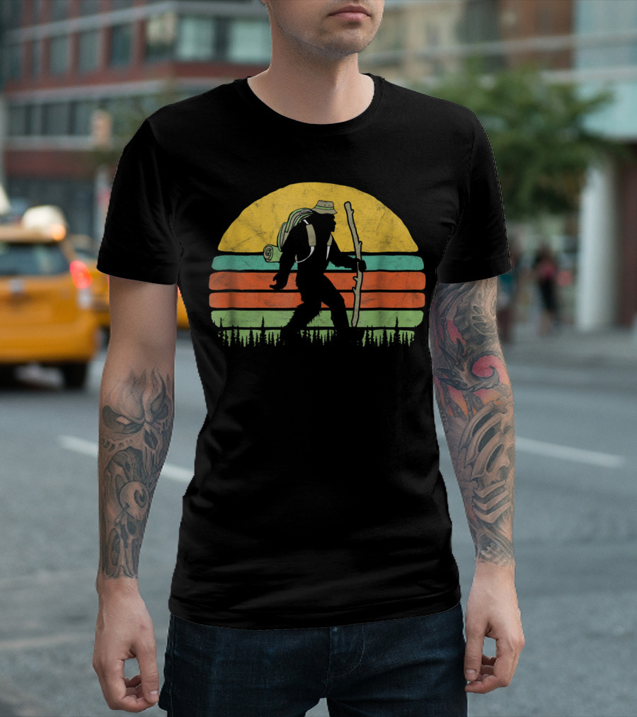 Retro Bigfoot Hiking Adventure In Nature Sunset T-Shirt
