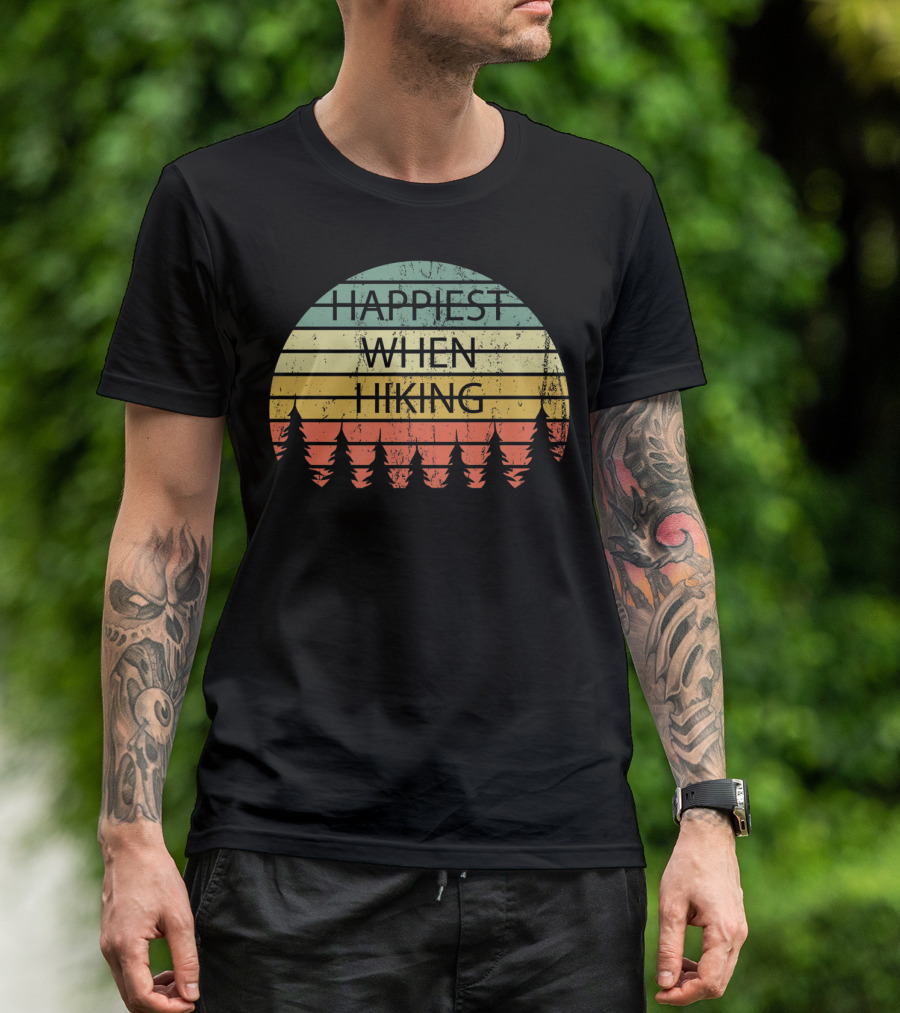 Happiest When Hiking Retro Outdoors Striped Forest T-Shirt