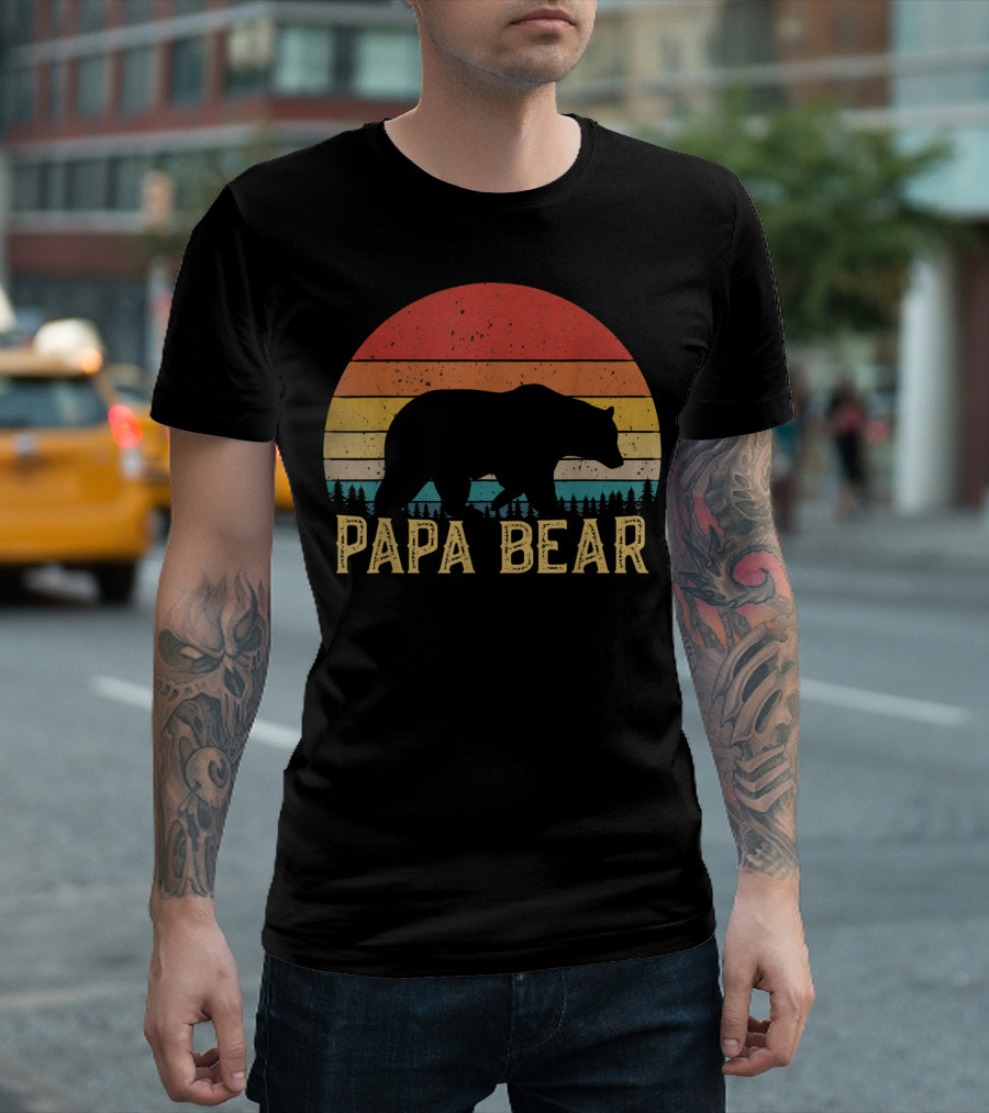 Papa Bear Retro Vintage Sunset Hiking Camping T-Shirt